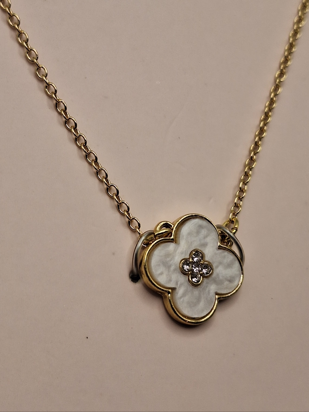 Gold Clover Pendant Necklace White Enamel Dainty Minimal Layering Necklace 18” - Picture 3 of 8
